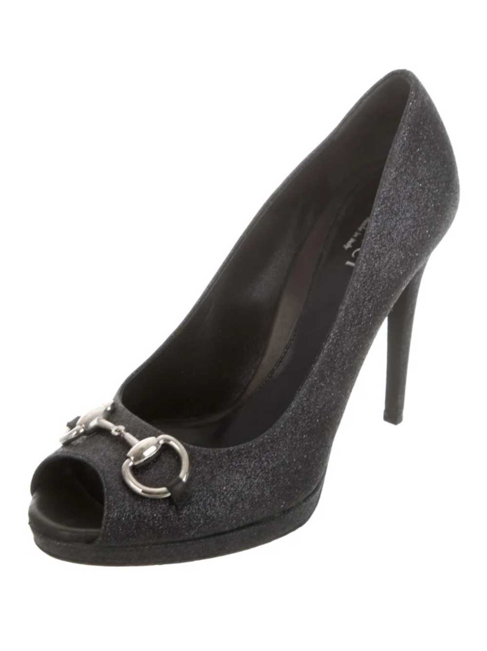 Gucci Horsebit Black Glitter Peep-Toe Stiletto Heel Pumps
